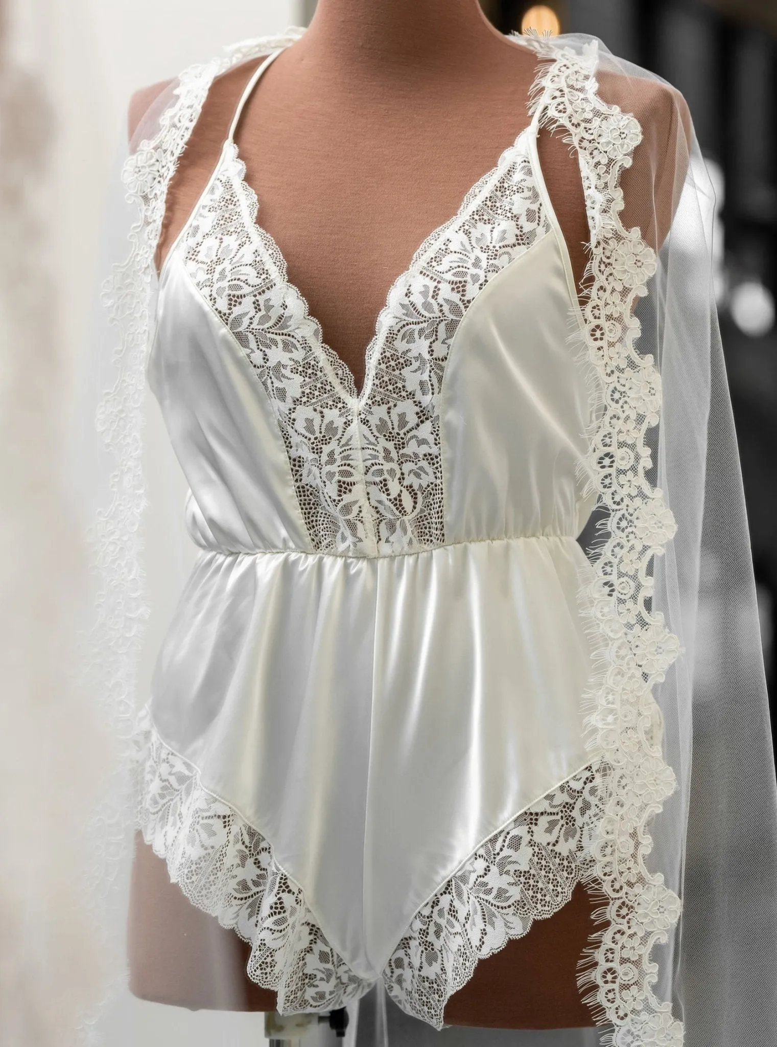 Lacy Plunge Satin Romper - Pearl