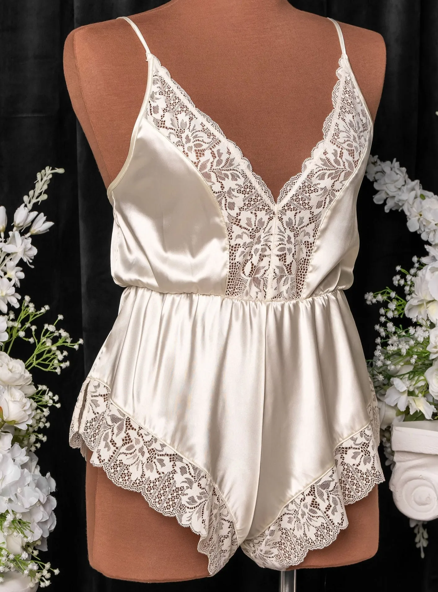 Lacy Plunge Satin Romper - Pearl