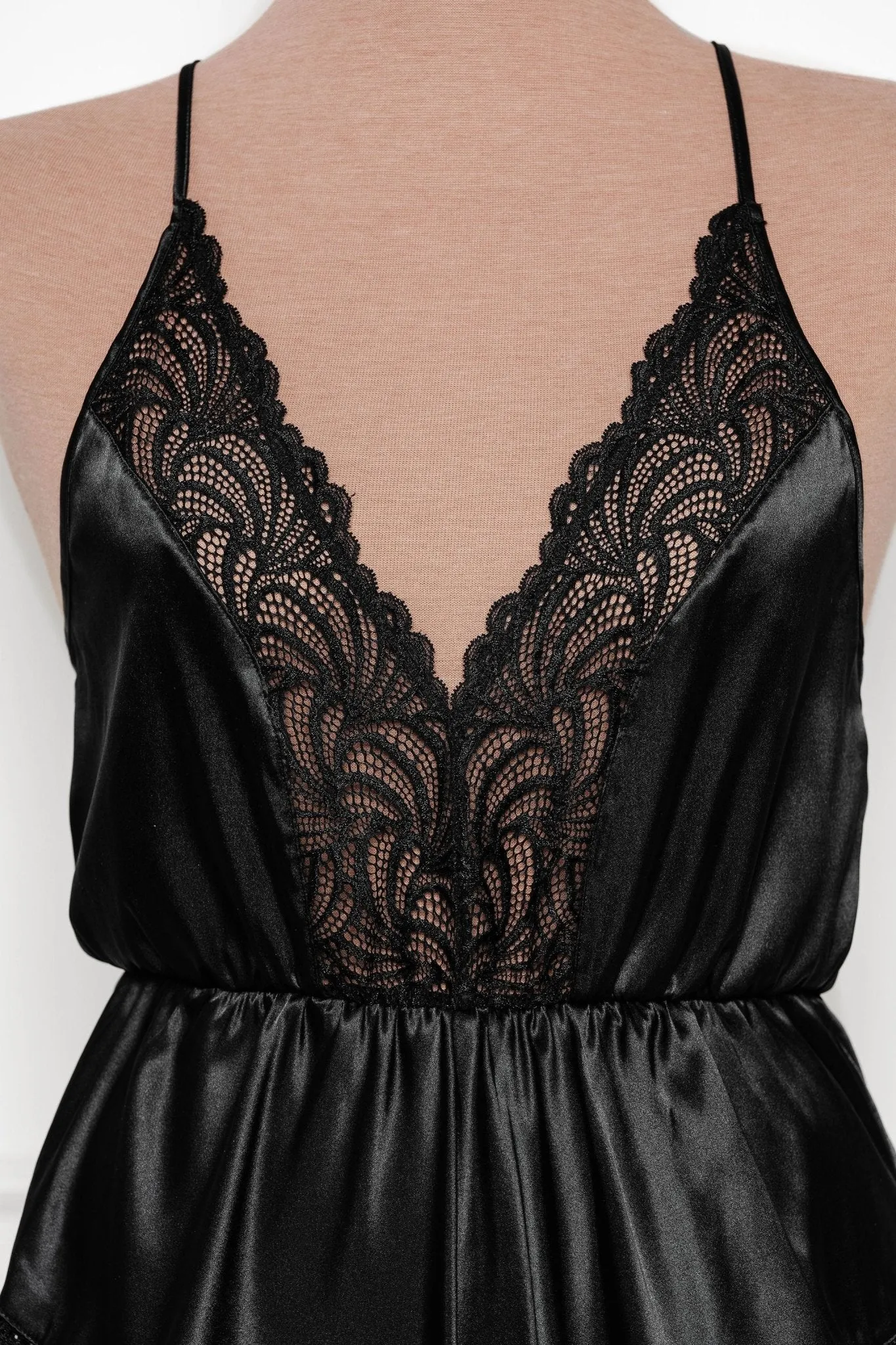 Lacy Plunge Satin Scalloped Romper - Black