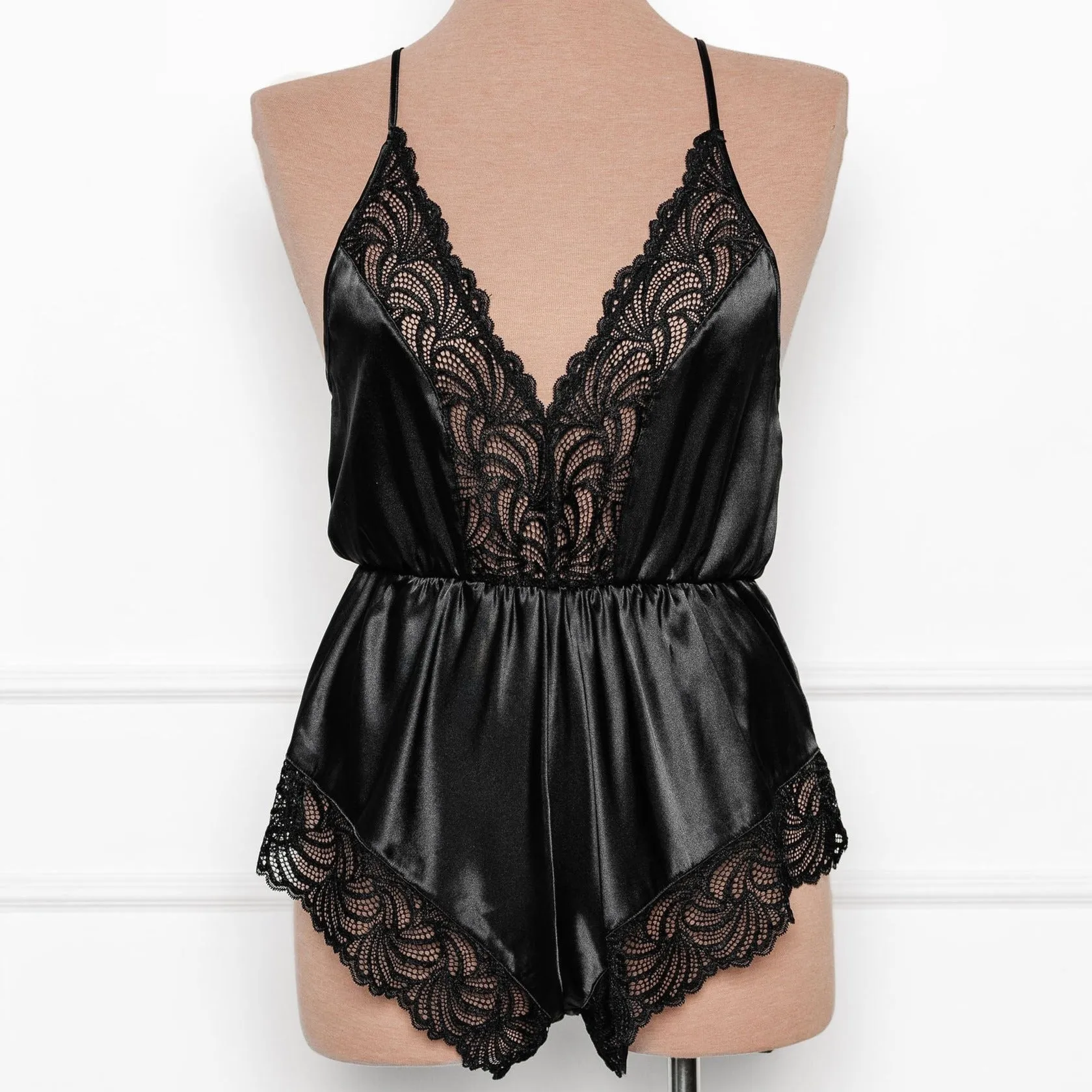 Lacy Plunge Satin Scalloped Romper - Black