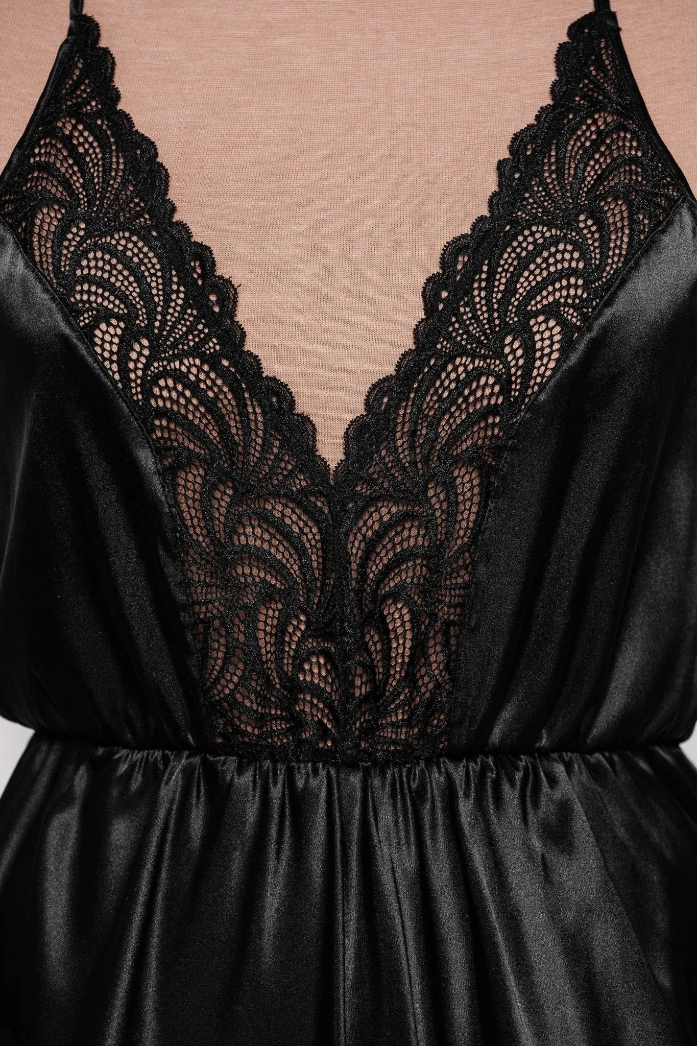 Lacy Plunge Satin Scalloped Romper - Black