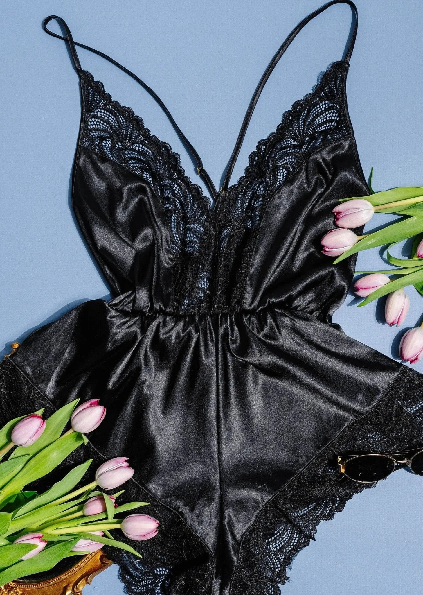 Lacy Plunge Satin Scalloped Romper - Black
