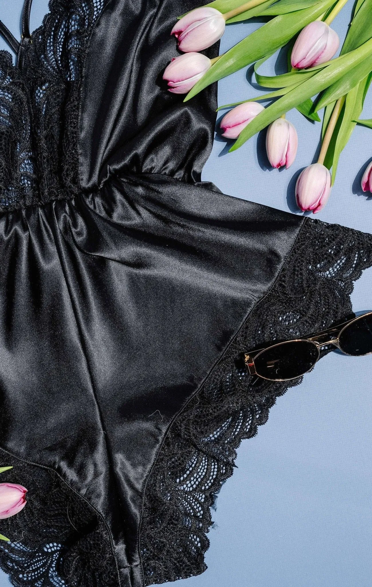 Lacy Plunge Satin Scalloped Romper - Black