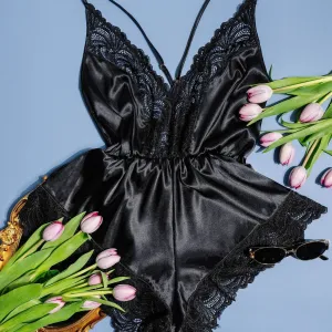 Lacy Plunge Satin Scalloped Romper - Black
