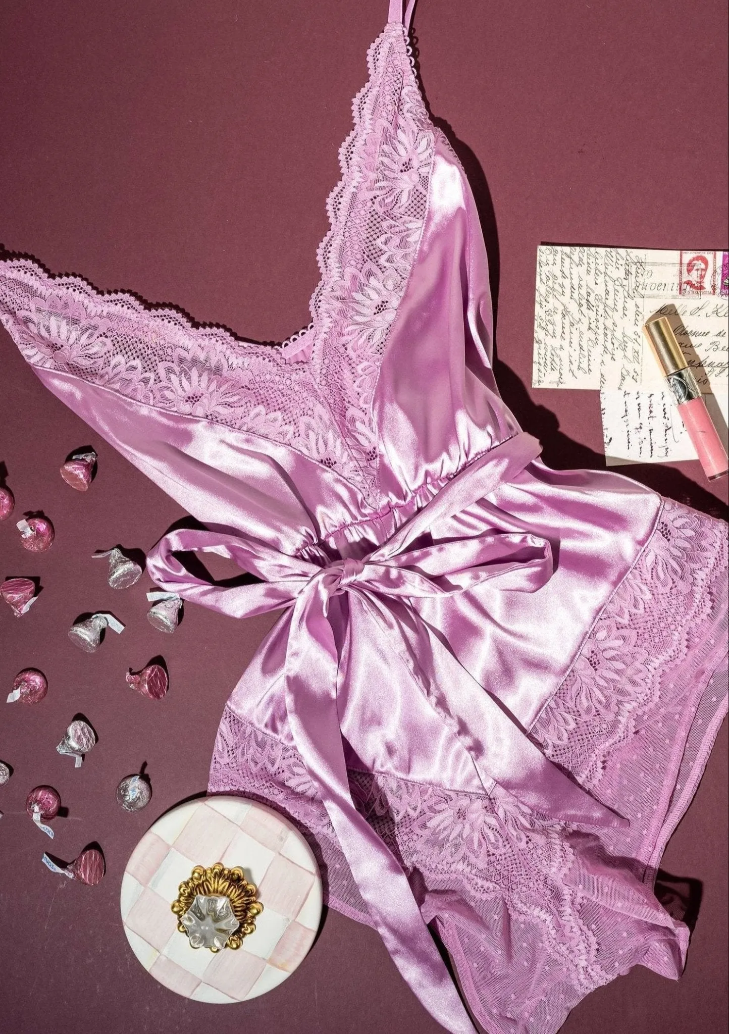 Lacy Satin Bow Romper - Lilac