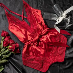 Lacy Satin Bow Romper - Red