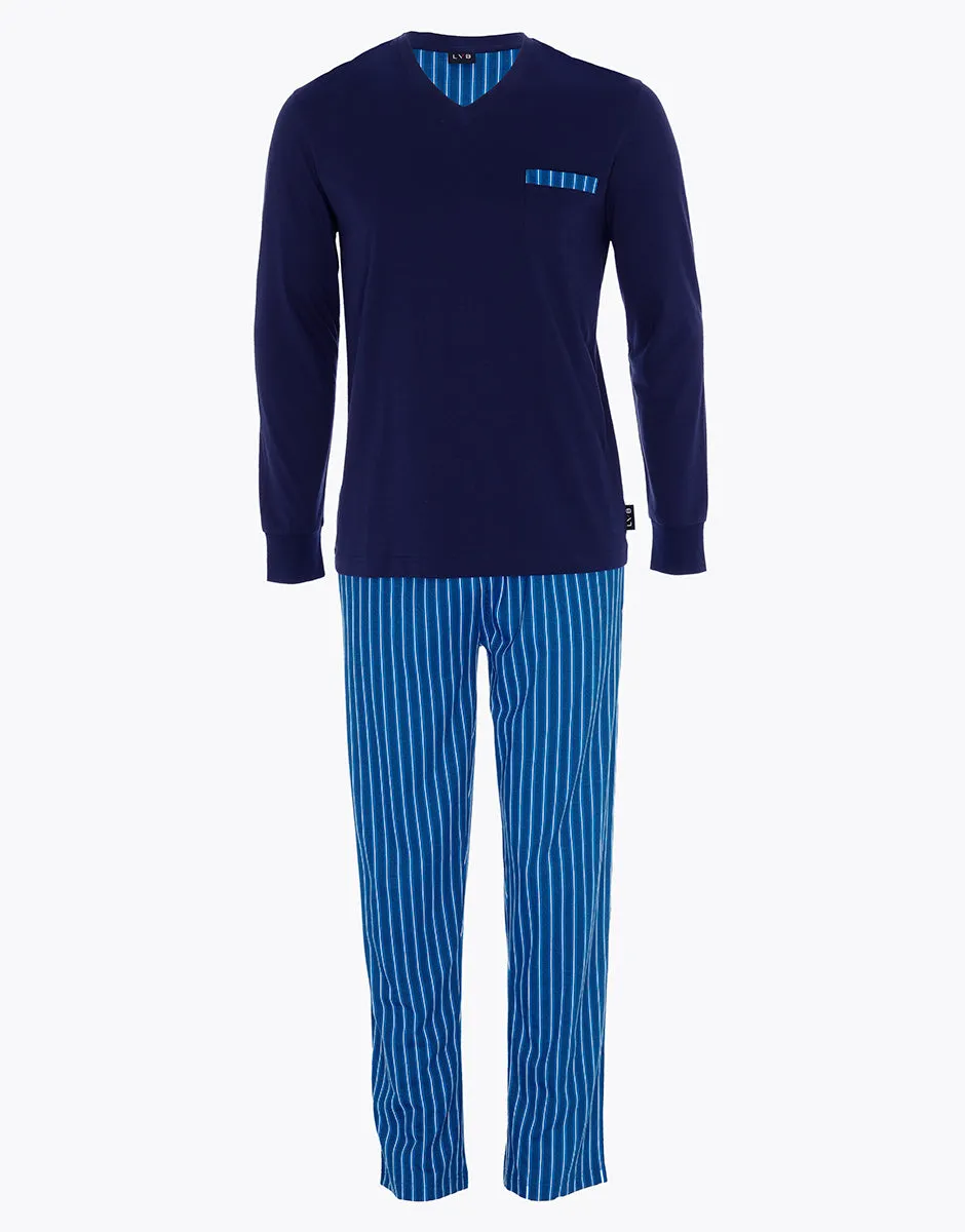 Long V-neck pajama in navy blue jersey for men