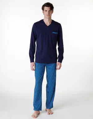 Long V-neck pajama in navy blue jersey for men