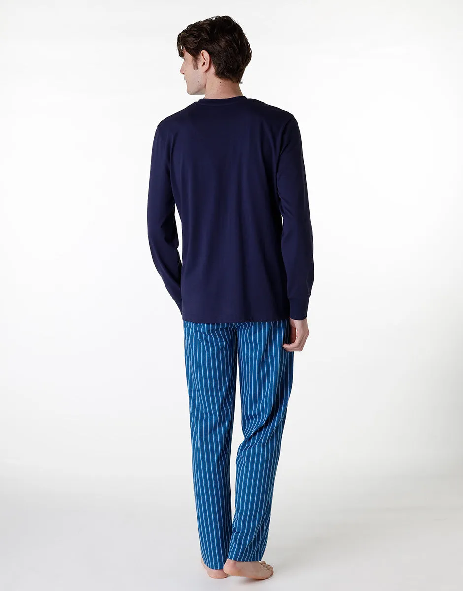 Long V-neck pajama in navy blue jersey for men