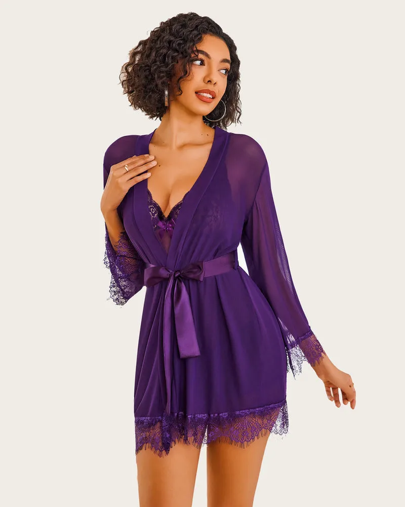 Mesh Robe Sets with Lace Dress (DE Only)