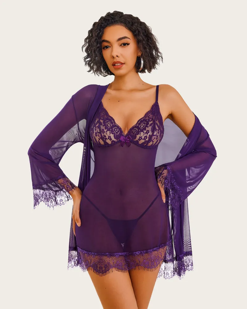 Mesh Robe Sets with Lace Dress (DE Only)