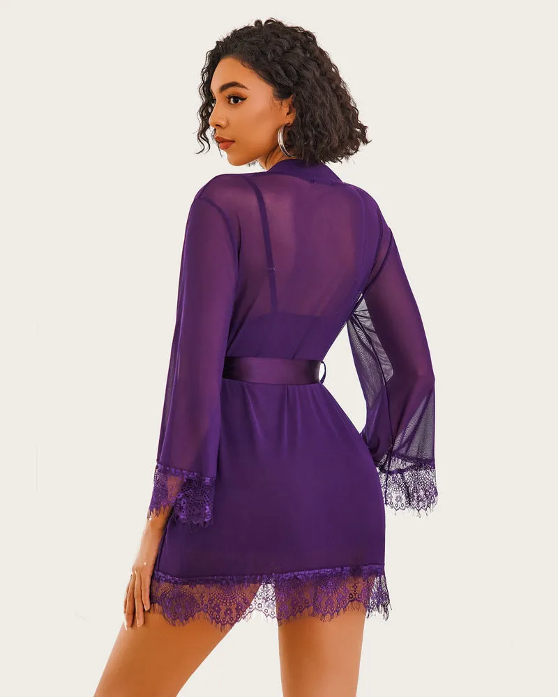 Mesh Robe Sets with Lace Dress (DE Only)