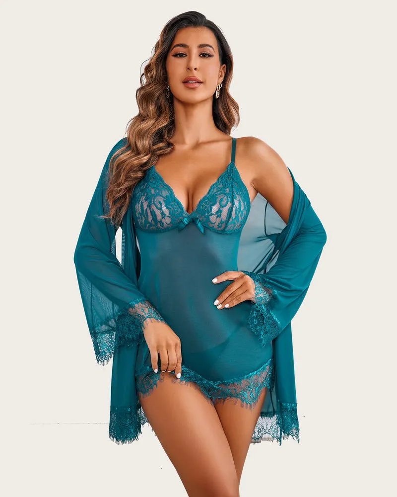 Mesh Robe Sets with Lace Dress (DE Only)