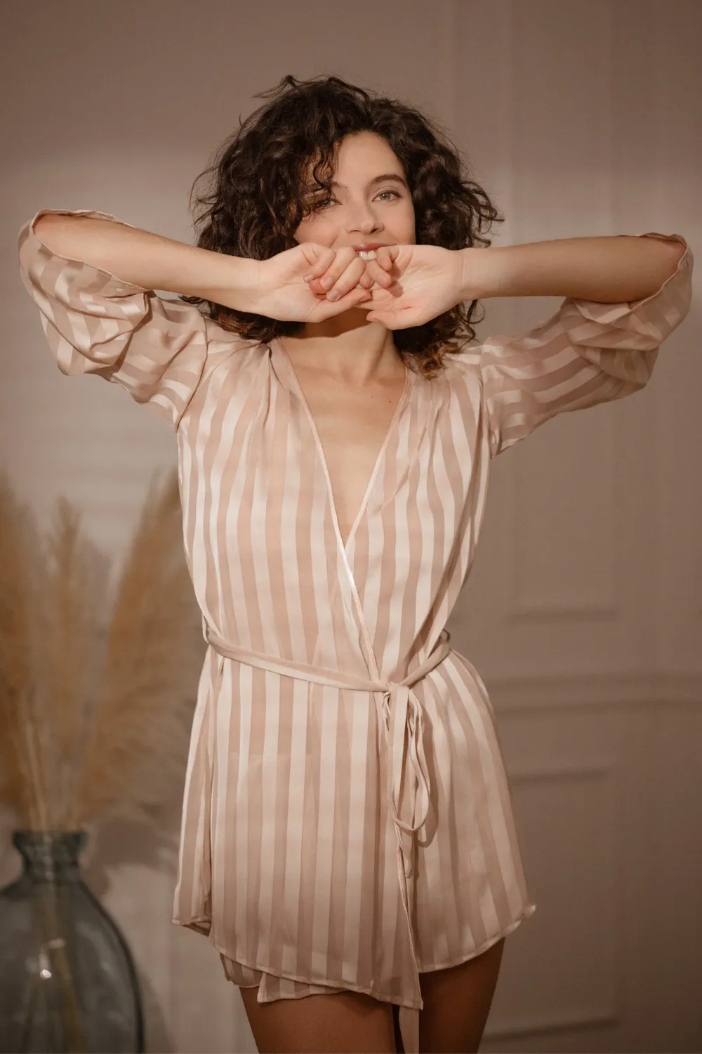 Nude Striped Chiffon Robe