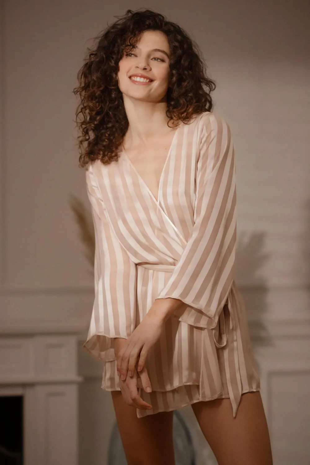 Nude Striped Chiffon Robe