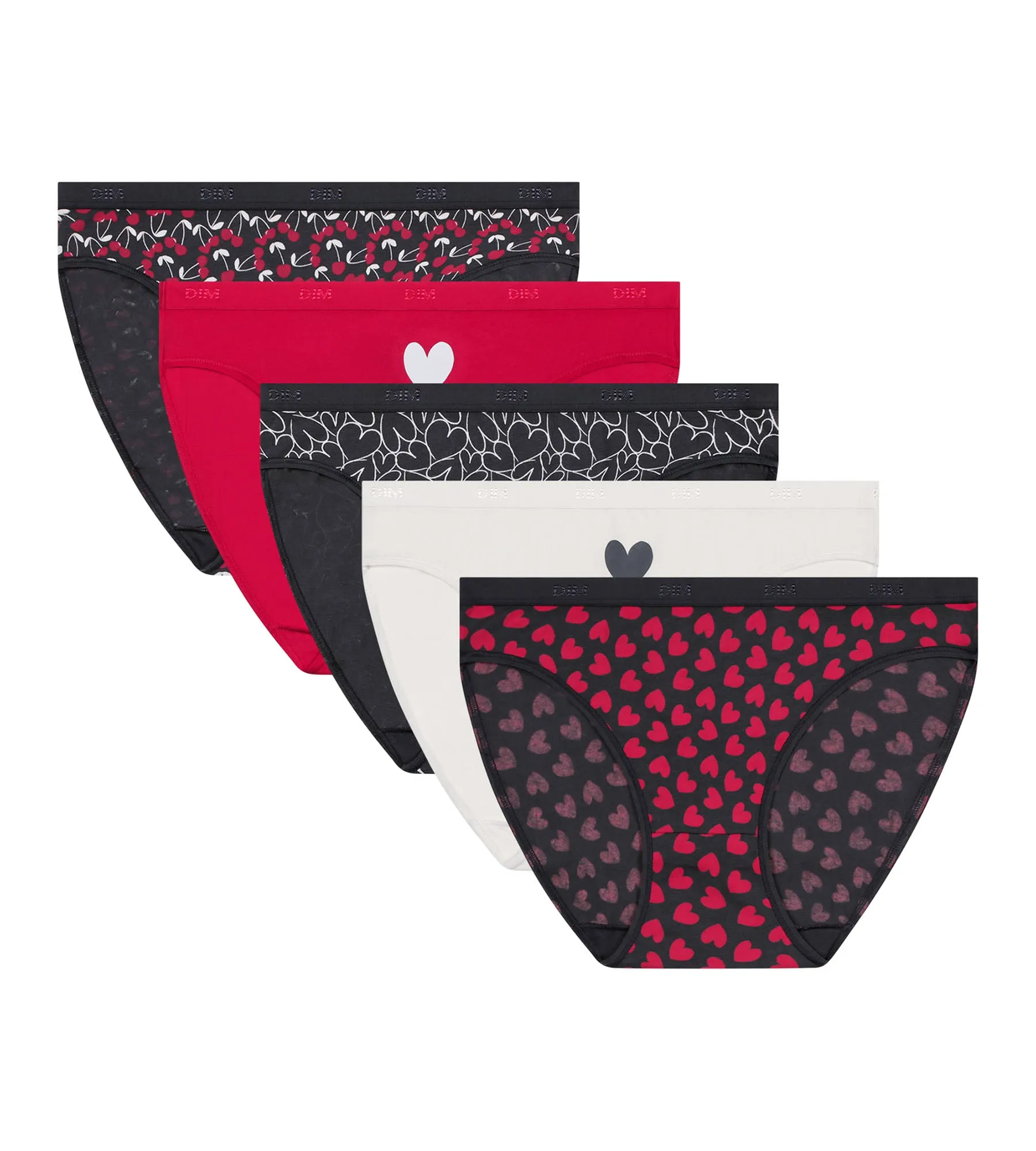 Pack of 5 women's stretch cotton briefs with heart pattern Red Les Pockets
