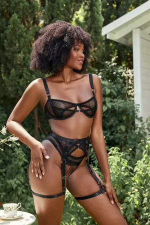 Please Me Three Piece Black Mesh Lingerie Set
