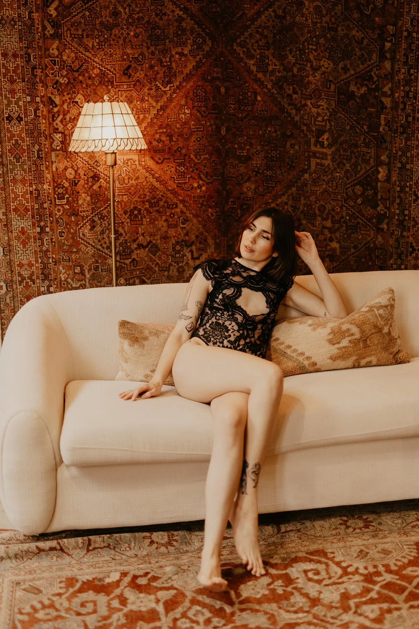 Sophia Cut Out Plunge Cap Sleeve Lace Bodysuit