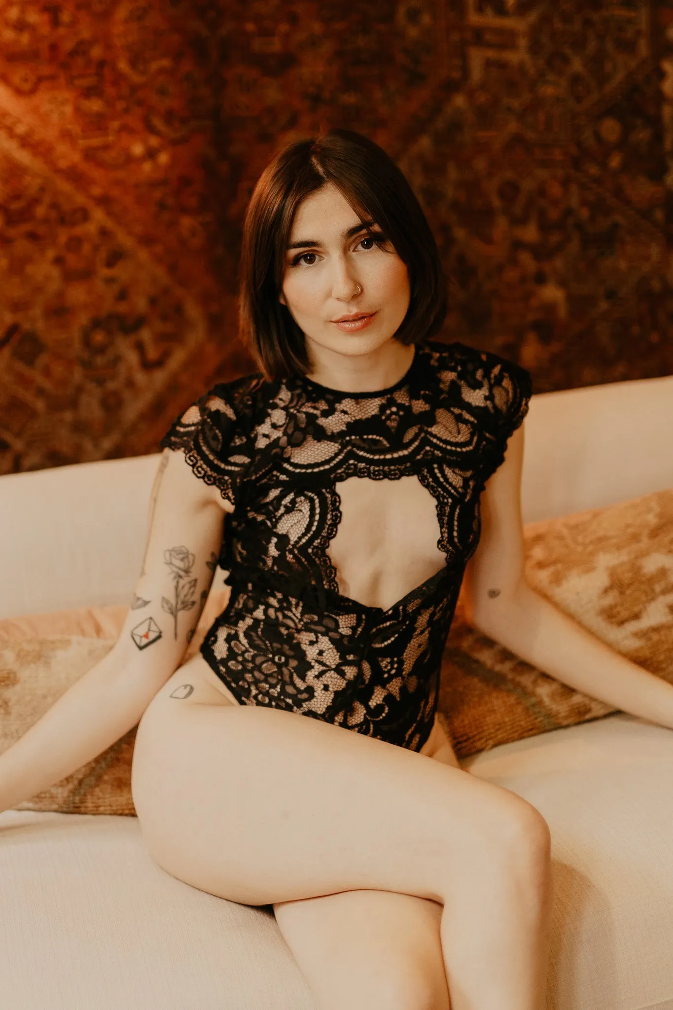 Sophia Cut Out Plunge Cap Sleeve Lace Bodysuit