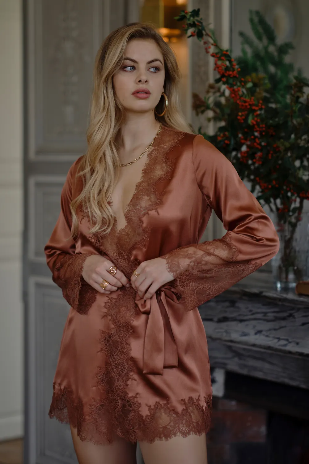 Valerie Short Silk Kimono with Lace